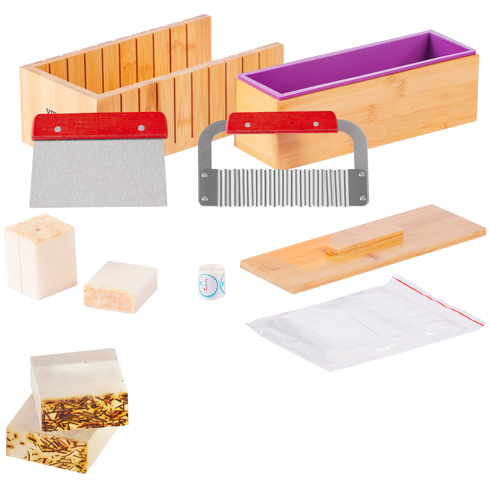 Soap Making Vendors - VEVOR石鹸作りキット 竹製カッティングボックスとインナーボックス、シリコンモールド、ステンレス製ストレートカッターとウェーブカッター付き